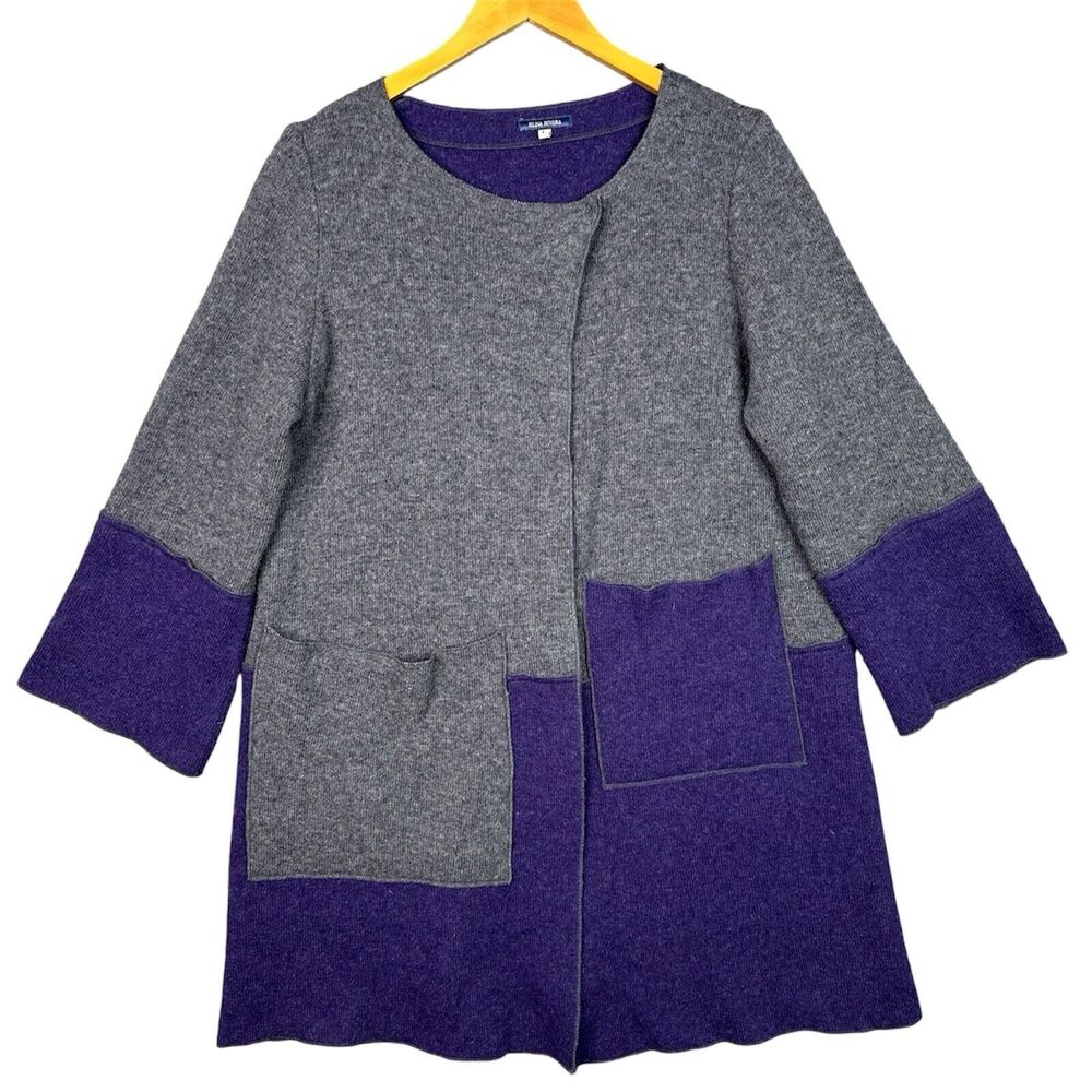Elisa Rivera Wool Blend‎ Cardigan Sweater Large Gray Purple Colorblock Lagenlook